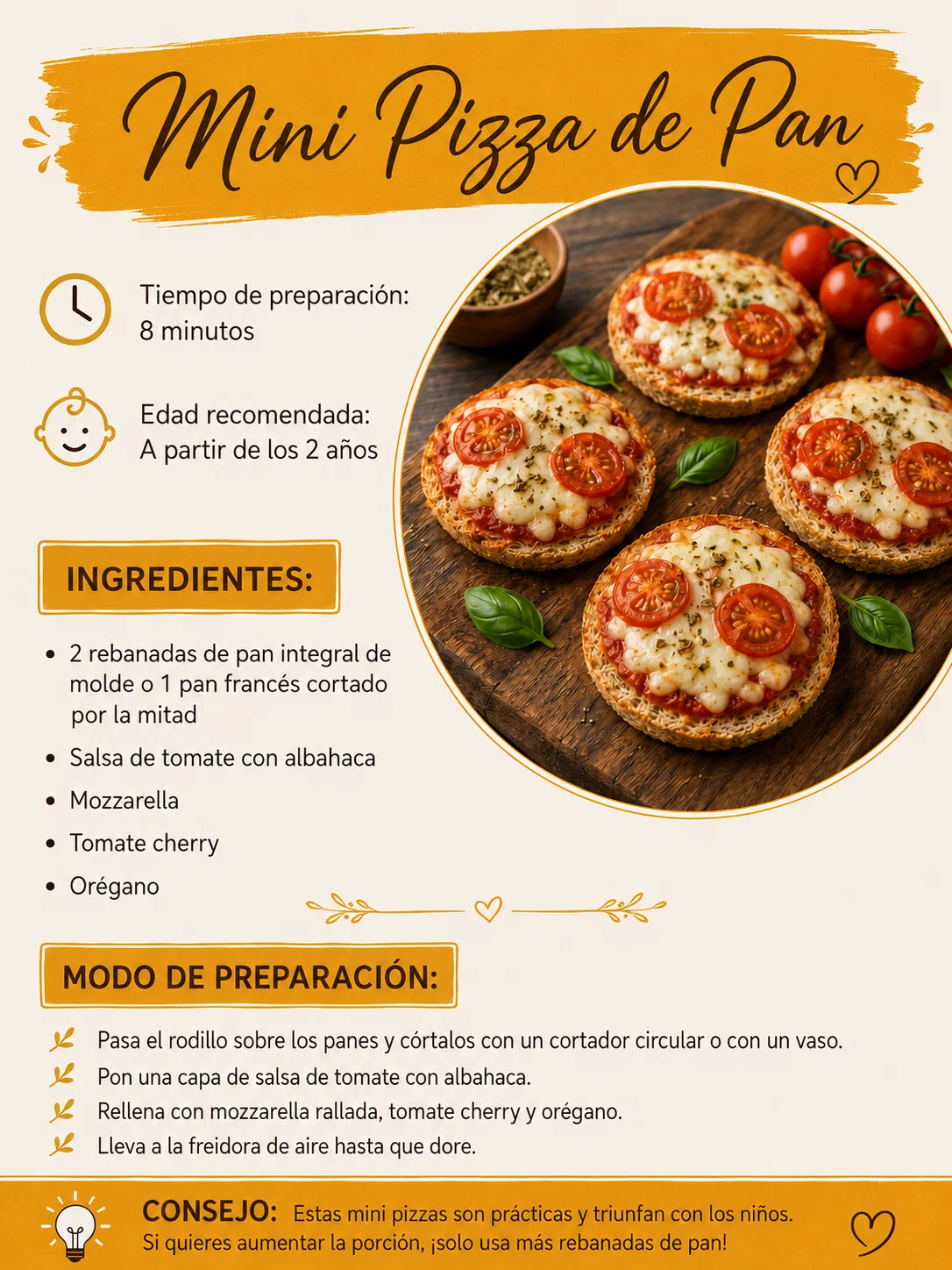 Receta Mini Pizza de Pan: ingredientes, preparación y consejo